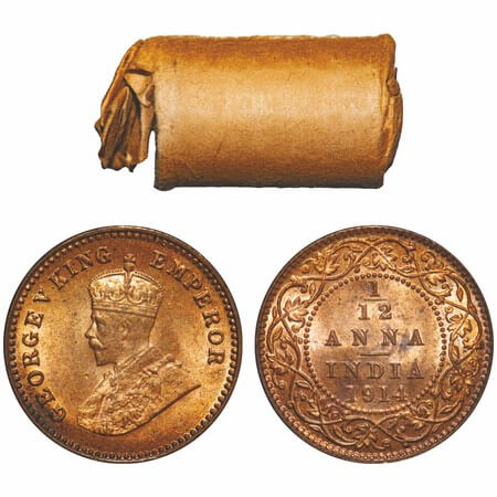 George V, Bronze, 1/12 Anna, (Roll of 24 coins), 1914, Calcutta Mint, No dot. 24 coins in 