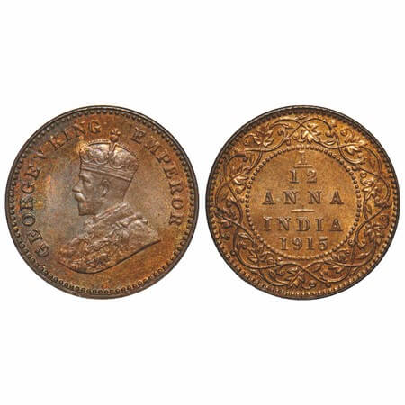 George V, Bronze, 1/12 Anna, 1915, Calcutta Mint, No dot. F. Prid 830. GK 1226. Mint State