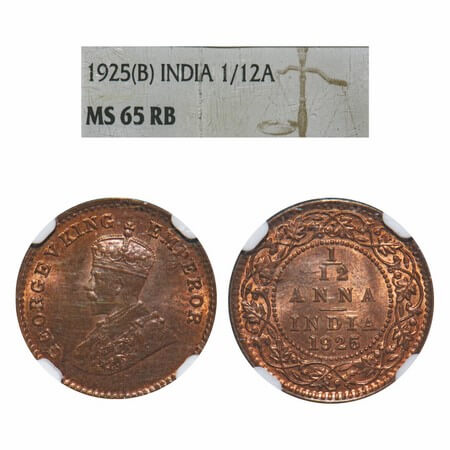 George V, Bronze, 1/12 Anna, 1925, Bombay Mint, Dot. F. Prid 853. GK 1237. NGC Slabbed MS 