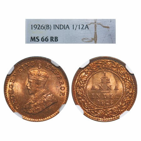 George V, Bronze, 1/12 Anna, 1926, Bombay Mint, Dot. F. Prid 854. GK 1239. NGC Slabbed MS