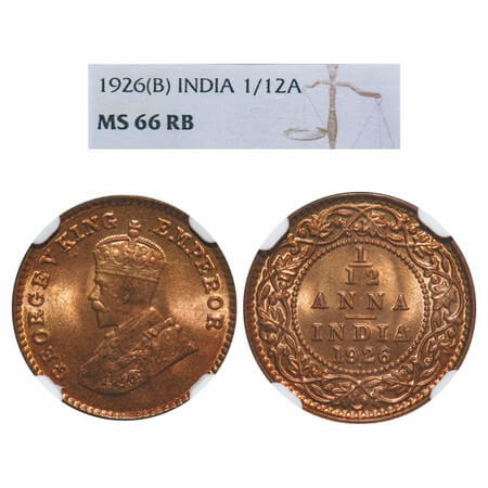 George V, Bronze, 1/12 Anna, 1926, Bombay Mint, Dot. F. Prid 854. GK 1239. NGC Slabbed MS 
