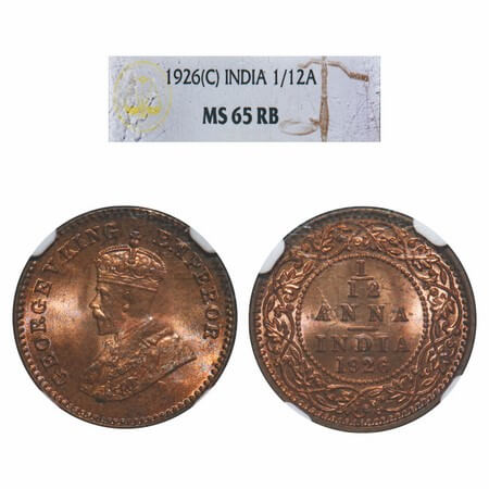 George V, Bronze, 1/12 Anna, 1926, Calcutta Mint, No dot. F. Prid 840. GK 1240. NGC Slabbe