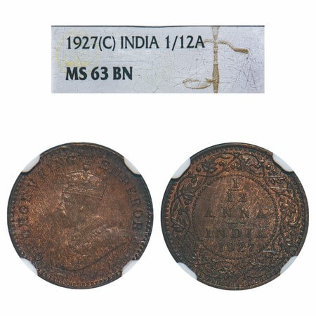 George V, Bronze, 1/12 Anna, 1927, Calcutta Mint, No dot. F. Prid 841. GK 1242. NGC Slabbe