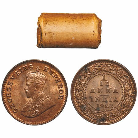 George V, Bronze, 1/12 Anna, (Roll of 24 coins), 1928, Bombay Mint, Dot. 24 coins in immac