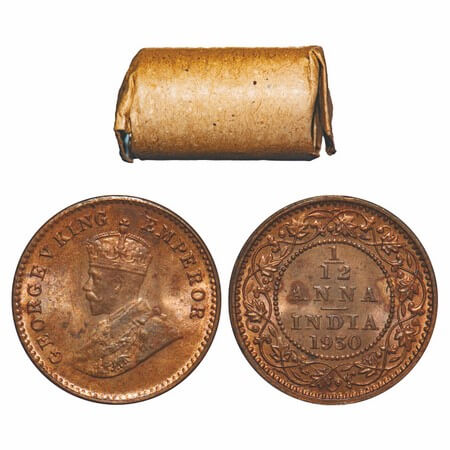 George V, Bronze, 1/12 Anna, (Roll of 24 coins), 1930, Calcutta Mint, No dot. 24 coins in 