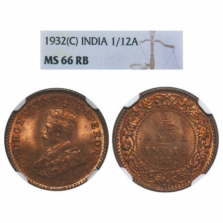 George V, Bronze, 1/12 Anna, 1932, Calcutta Mint, No dot. F. Prid 846. GK 1248. NGC Slabbe