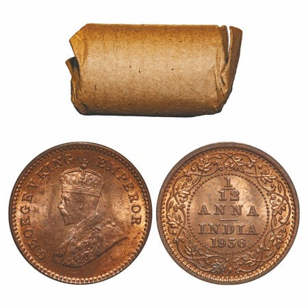 George V, Bronze, 1/12 Anna, (Roll of 24 coins), 1936, Calcutta Mint, No dot. 24 coins in
