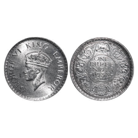 George VI, Silver, Rupee, 1938, Bombay Mint, A/I, No dot, Milled edge F. Prid 233. GK 1254