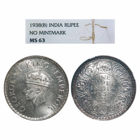 George VI, Silver, Rupee, 1938, Bombay Mint, A/I, No dot, Milled edge. F. Prid 233. GK 125
