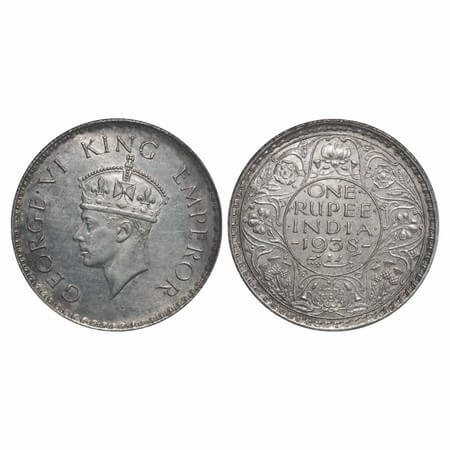 George VI, Silver, Rupee, 1938, Bombay Mint, A/I, Milled edge. F. Prid 233. GK 1254. Almos