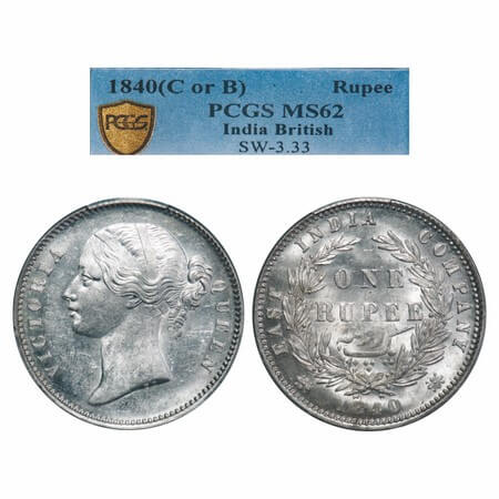 Victoria Queen, Silver, Rupee, 1840, DL, Calcutta Mint, W.W. raised, Wreath with 28 Berrie