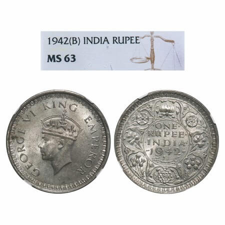 George VI, Half Silver, Rupee, 1942, Bombay Mint, B(a)/II, Diamond, Security edge. F. Prid