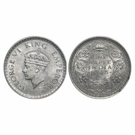 George VI, Half Silver, Rupee, 1943, Bombay Mint, A(b)/II, Diamond, Security edge, Small 3