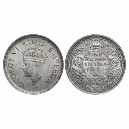 George VI, Half Silver, Rupee, 1943, Bombay Mint, A(b)/II, Diamond, Security edge, Small 3