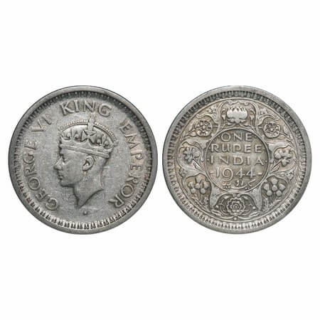 George VI, Half Silver, Rupee, 1944, Bombay Mint, B(a)/II, Dot (large dot), Security edge.