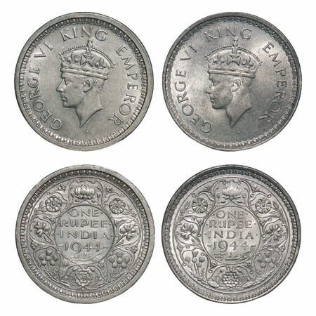 George VI, Half Silver, Rupee, 1944, Bombay Mint, 1) C/III, Diamond, Security edge, 2) D/I