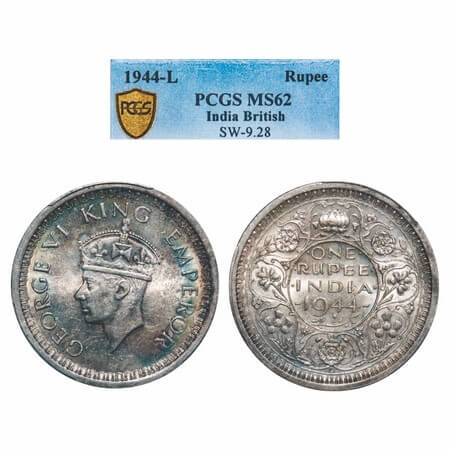 George VI, Half Silver, Rupee, 1944, Lahore Mint, D/II, 'L' raised, Thick 'L', Security ed