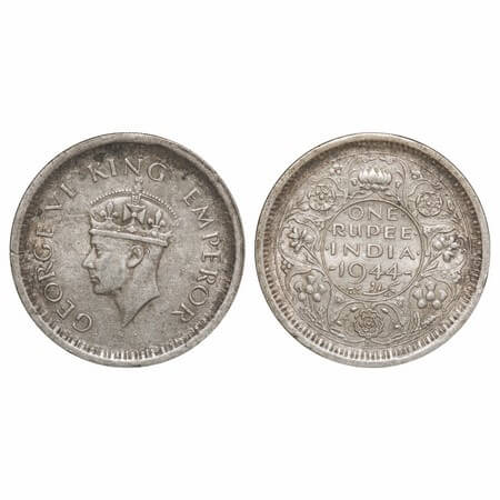 George VI, Half Silver, Rupee, 1944, Lahore Mint, D/II, 'L' raised, Thin 'L', Security edg
