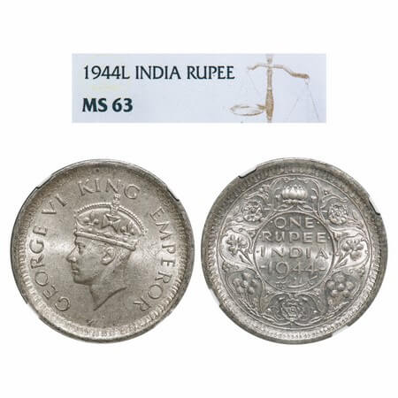 George VI, Half Silver, Rupee, 1944, Lahore Mint, D/II, 'L' raised, Thin 'L', Security edg