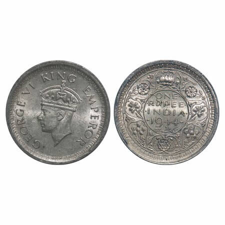 George VI, Half Silver, Rupee, 1944, Lahore Mint, D/II, 'L' raised, Thin 'L', Security edg