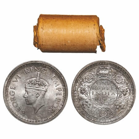 George VI, Half Silver, Rupee, (Roll of 20 coins), 1945, Bombay Mint, D/II, Dot, Security 