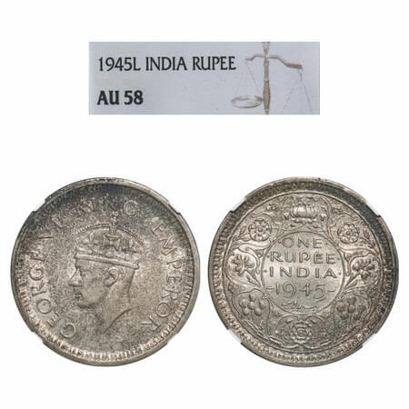 George VI, Half Silver, Rupee, 1945, Bombay Mint, D/II, Dot, Large 5, Security edge. F. Pr