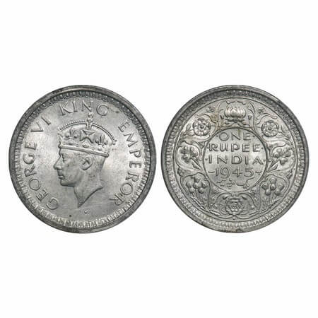 George VI, Half Silver, Rupee, 1945, Bombay Mint, D/II, Dot, Normal 5, Security edge. F. P