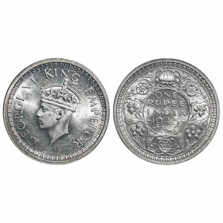 George VI, Half Silver, Rupee, 1945, Bombay Mint, D/II, Dot, Security edge, Nomal 5. F. Pr