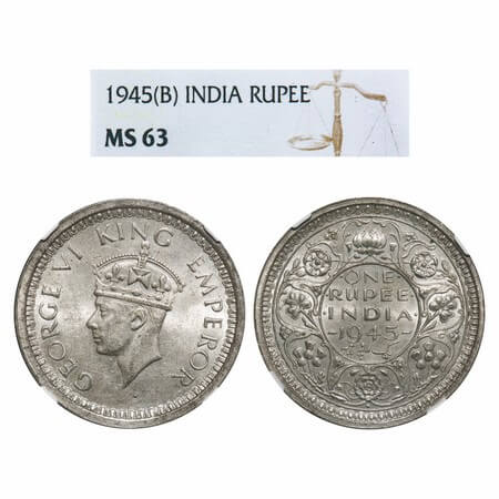 George VI, Half Silver, Rupee, 1945, Bombay Mint, D/II, Dot, Normal 5, Security edge. F. P