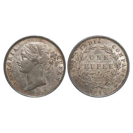 Victoria Queen, Silver, Rupee, 1840, DL, Madras Mint, W.W. 'R' raised, 'B' broken at botto