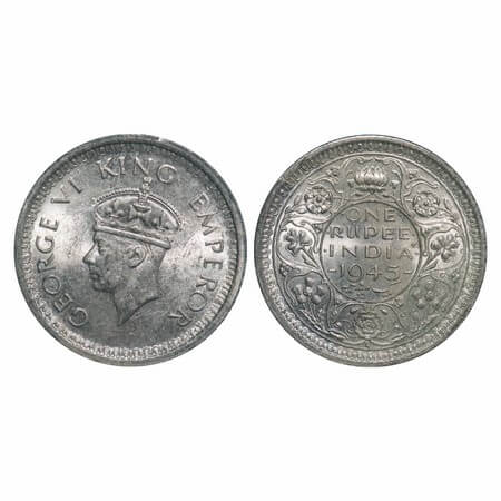 George VI, Half Silver, Rupee, 1945, Lahore Mint, D/II, 'L' raised, Security edge, Thick '