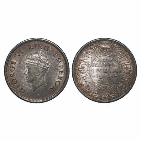 George VI, Silver, Half Rupee, 1938, Bombay Mint, A/I, Dot, Head Type I, Milled edge. F. P