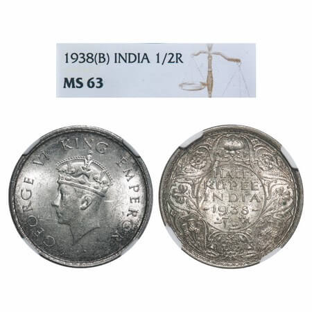 George VI, Silver, Half Rupee, 1938, Bombay Mint, A/I, Dot, Head Type I, Milled edge. F. P