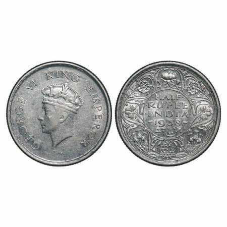 George VI, Silver, Half Rupee, 1938, Bombay Mint, A/I, Dot, Head Type I, Milled edge. F. P