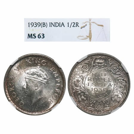 George VI, Silver, Half Rupee, 1939, Bombay Mint, A/I, Dot, Head Type I, Milled edge. F. P