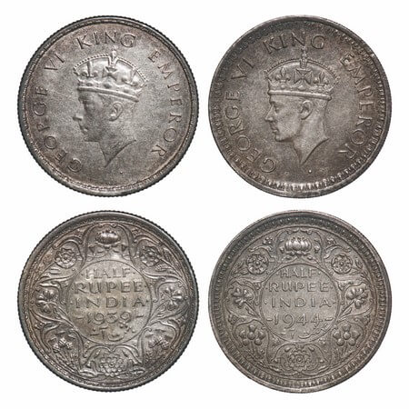 George VI, Mix-Metal, Half Rupee, (2 Coins), 1) Silver, 1939, Bombay Mint, A/I, Dot, Head 