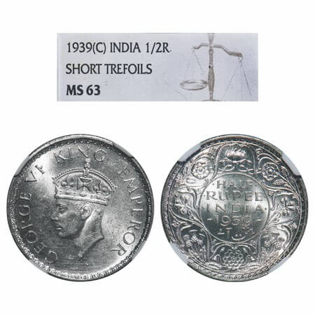 George VI, Half Silver, Half Rupee, 1939, Calcutta Mint, A(a)/I,No dot, Head Type II, Mill