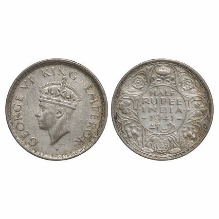 George VI, Half Silver, Half Rupee, 1941, Bombay Mint, A(a)/I, Dot, Head Type II, Security