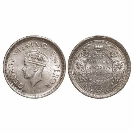George VI, Half Silver, Half Rupee, 1943, Lahore Mint, B/II, 'L' raised, Head Type II, Sec