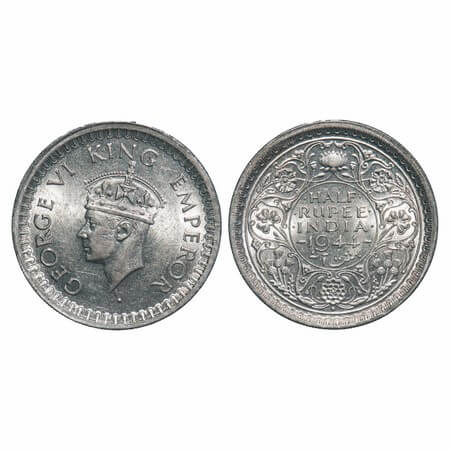 George VI, Half Silver, Half Rupee, 1944, Bombay Mint, B/III, Head Type II, Diamond, Secur