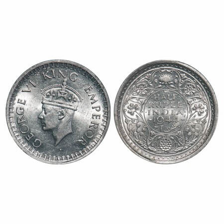 George VI, Half Silver, Half Rupee, 1944, Bombay Mint, B/III, Diamond, Head Type II, Secur