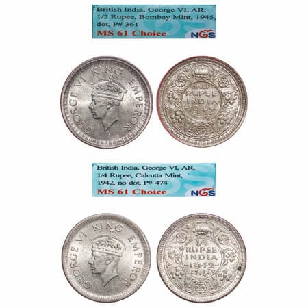 George VI, Half Silver, Half Rupee, 1/4 Rupee, (2 slabs), 1) 1945, Bombay Mint, B/II, Dot,