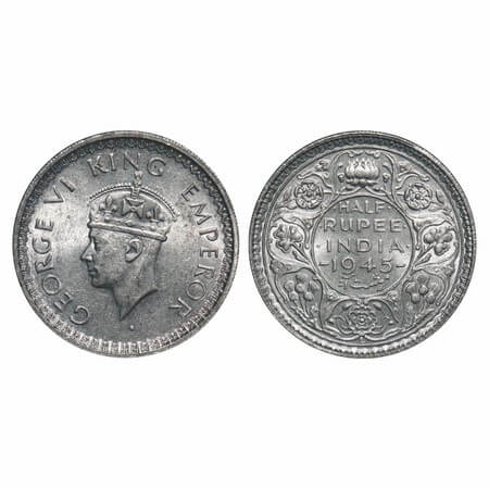 George VI, Half Silver, Half Rupee, 1945, Lahore Mint, B/II, 'L' raised, Head Type II, Sec