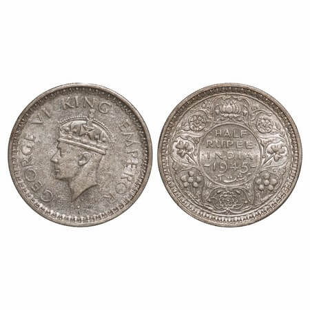 George VI, Half Silver, Half Rupee, 1945, Lahore Mint, B/II, 'L' raised, Head Type II, Sec