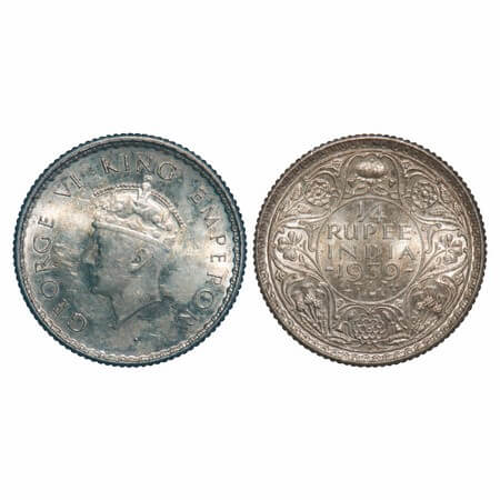 George VI, Silver, 1/4 Rupee, 1939, Bombay Mint, Head Type I, Rev I, No dot, Milled edge, 
