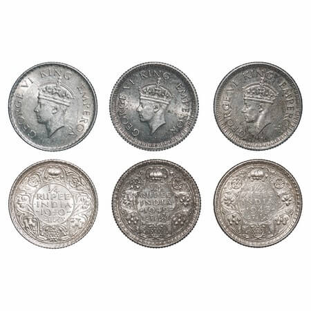 George VI, Silver, 1/4 Rupee, (3 coins), 1) 1940, Bombay Mint, Head Type II, Rev I, Dot, M