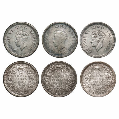 George VI, Half Silver, 1/4 Rupee, (3 coins), 1) 1940, Bombay Mint, Head Type I, Rev I, Do