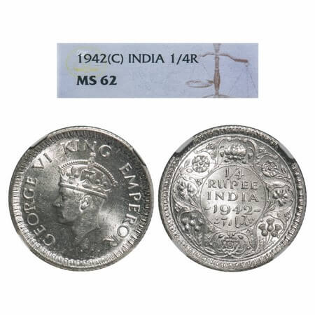 George VI, Half Silver, 1/4 Rupee, 1942, Calcutta Mint, Head Type II, Rev II, No dot, Mill