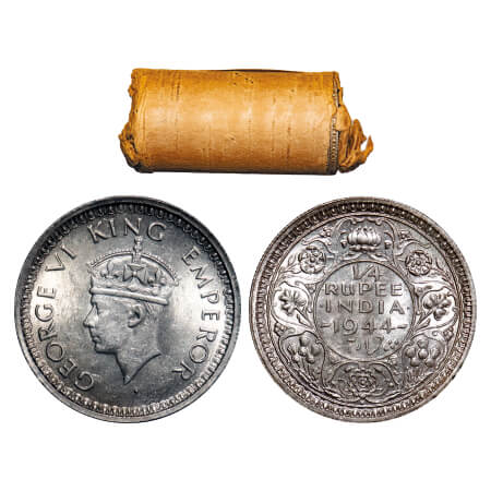 George VI, Half Silver, 1/4 Rupee, (Roll of 24 coins), 1944, Bombay Mint, Head Type II, Re