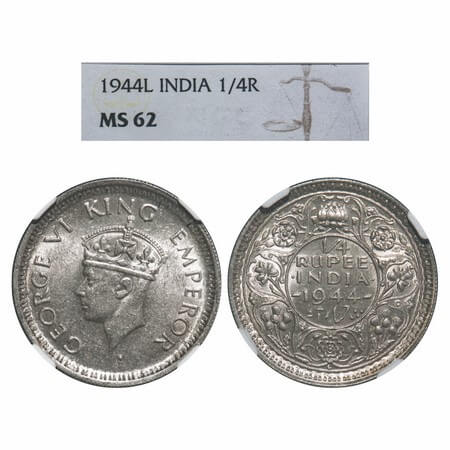 George VI, Half Silver, 1/4 Rupee, 1944, Lahore Mint, Head Type II, Rev II, 'L' raised, Se